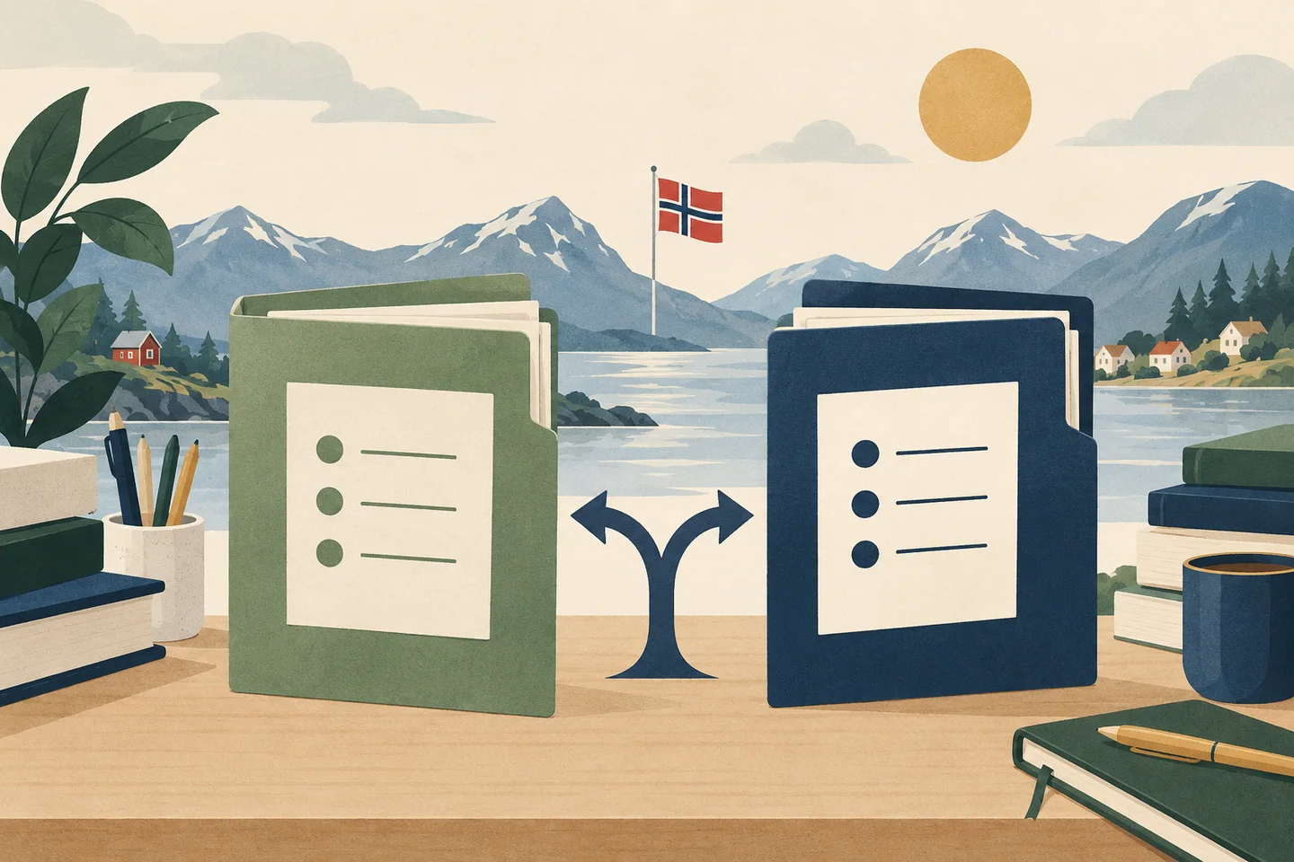 To studiemapper med sjekklister og en pil som viser to ulike valg.