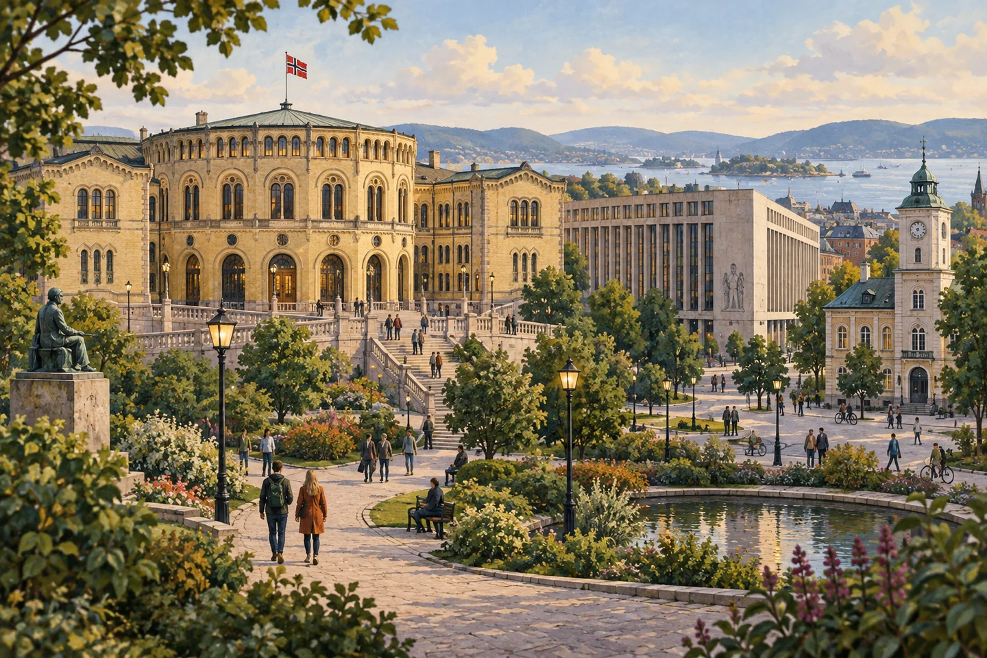 Malt, stilisert bylandskap med Stortingsbygningen, et regjeringsbygg og et rådhus, med mennesker og gangveier mellom bygningene.