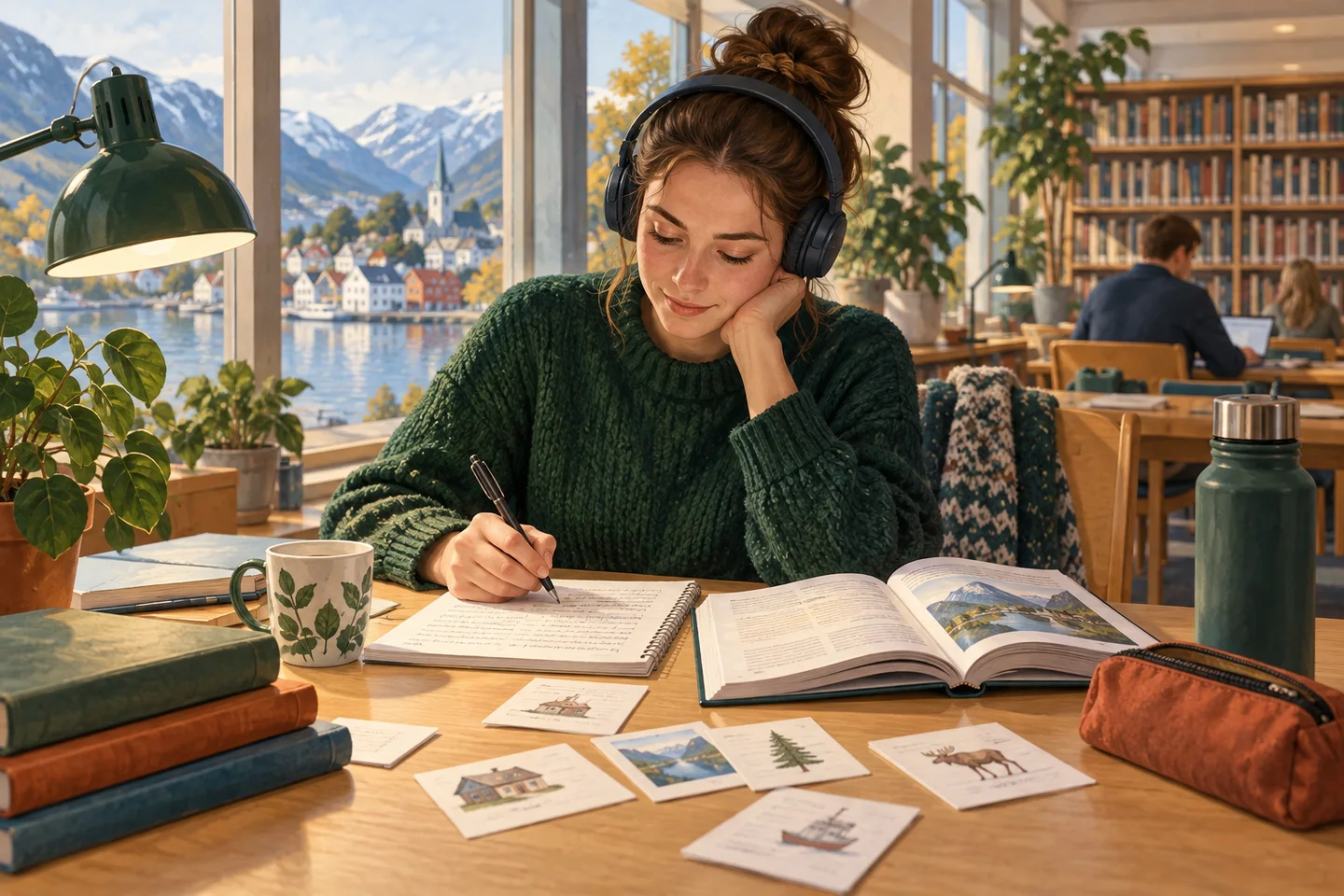 Malt illustrasjon av en voksen som øver på norske ord med hodetelefoner, bøker og notatbok på et bibliotek.