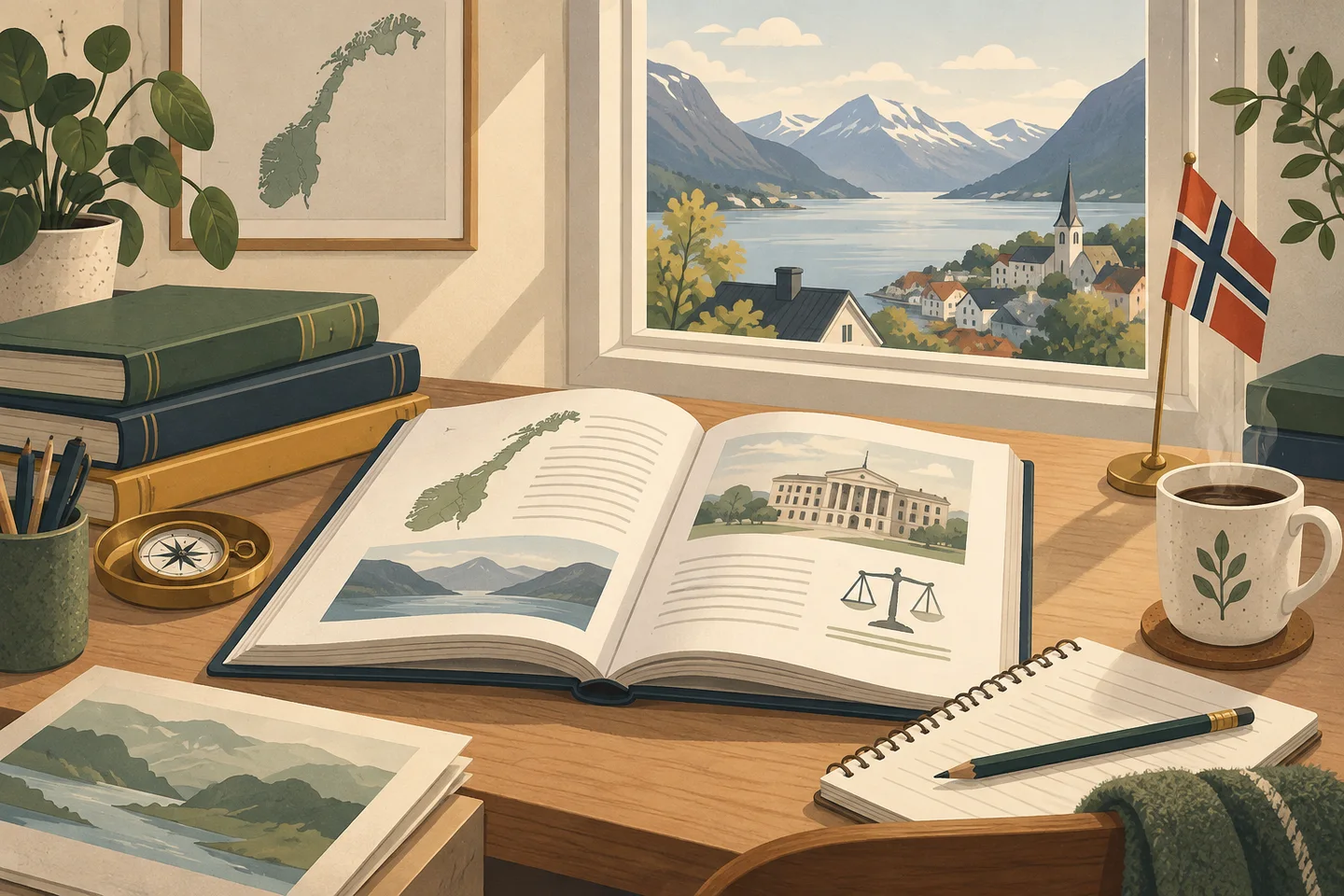 Illustrert lesebord med åpen bok, notatbok og norsk flagg, med fjord og fjell i bakgrunnen.