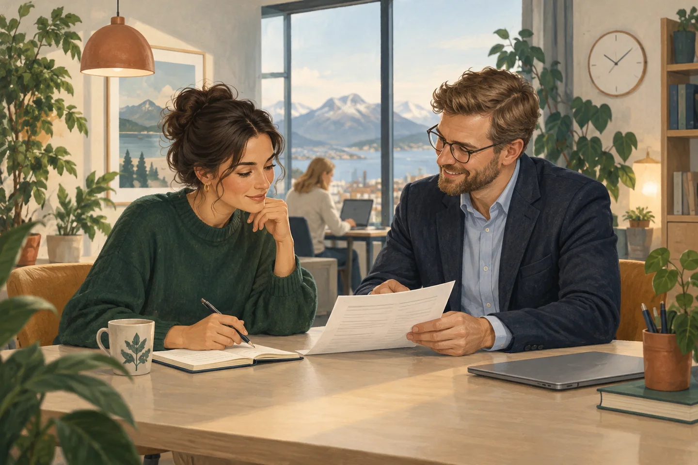 Malt illustrasjon av en ansatt og en leder som går gjennom en arbeidsavtale sammen ved et bord på en norsk arbeidsplass.